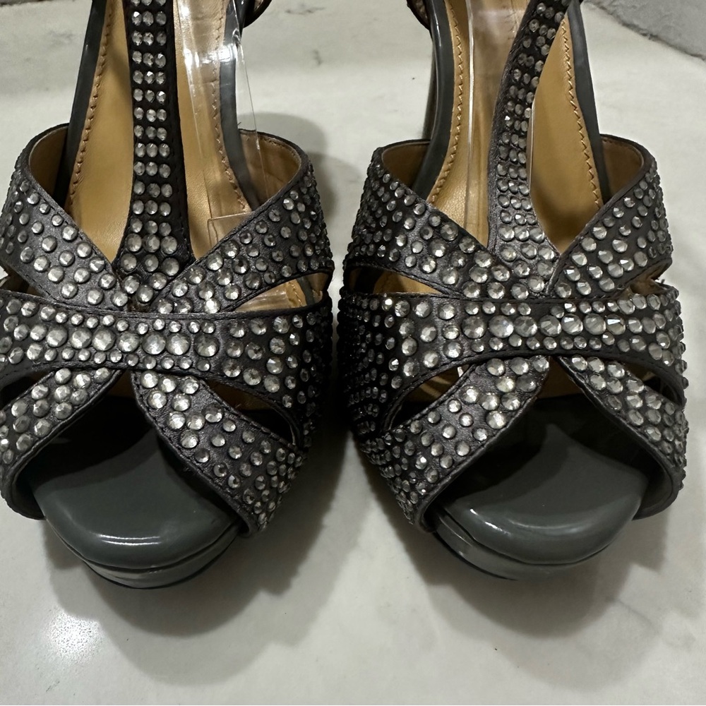 Antonio Melani Gray Rhinestone Heels Womens Size 8 Peep Toe 4” Heel - Picture 2 of 11
